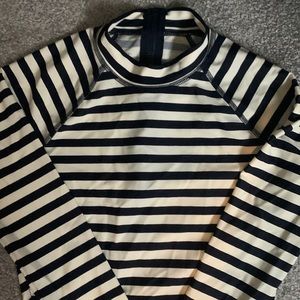 J. Crew xxs bikini top, bottom, and rash guard. Black and cream stripes